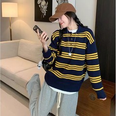 HONE韩国2025秋新款长袖polo领休闲撞色条纹针织衫羊毛复古毛衣女