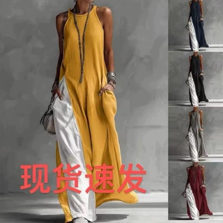 2026新款跨境独立站欧美夏季女装无袖宽松口袋撞色休闲背心连衣裙