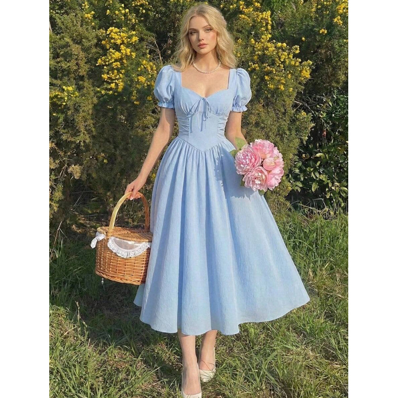 Amazon Cross-Border Elegant Short-Sleeved Lace-Up Mid-Length Dress for Women 2026 Summer New Style Waist-Slimming Dress Amazon Cross-Border Elegant Short-Sleeved Lace-Up Mid-Length Dress for Women 2026 Summer New Style Waist-Slimming Dress