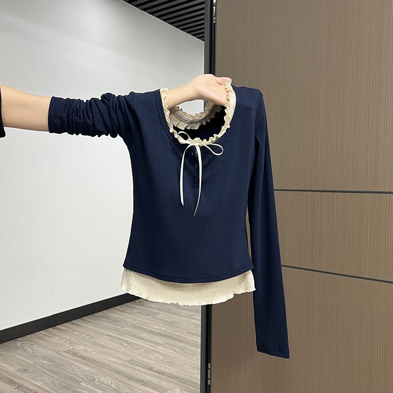假两件内搭打底衫女新款秋季chic修身正肩长袖藏青短款上衣小个子|undefined