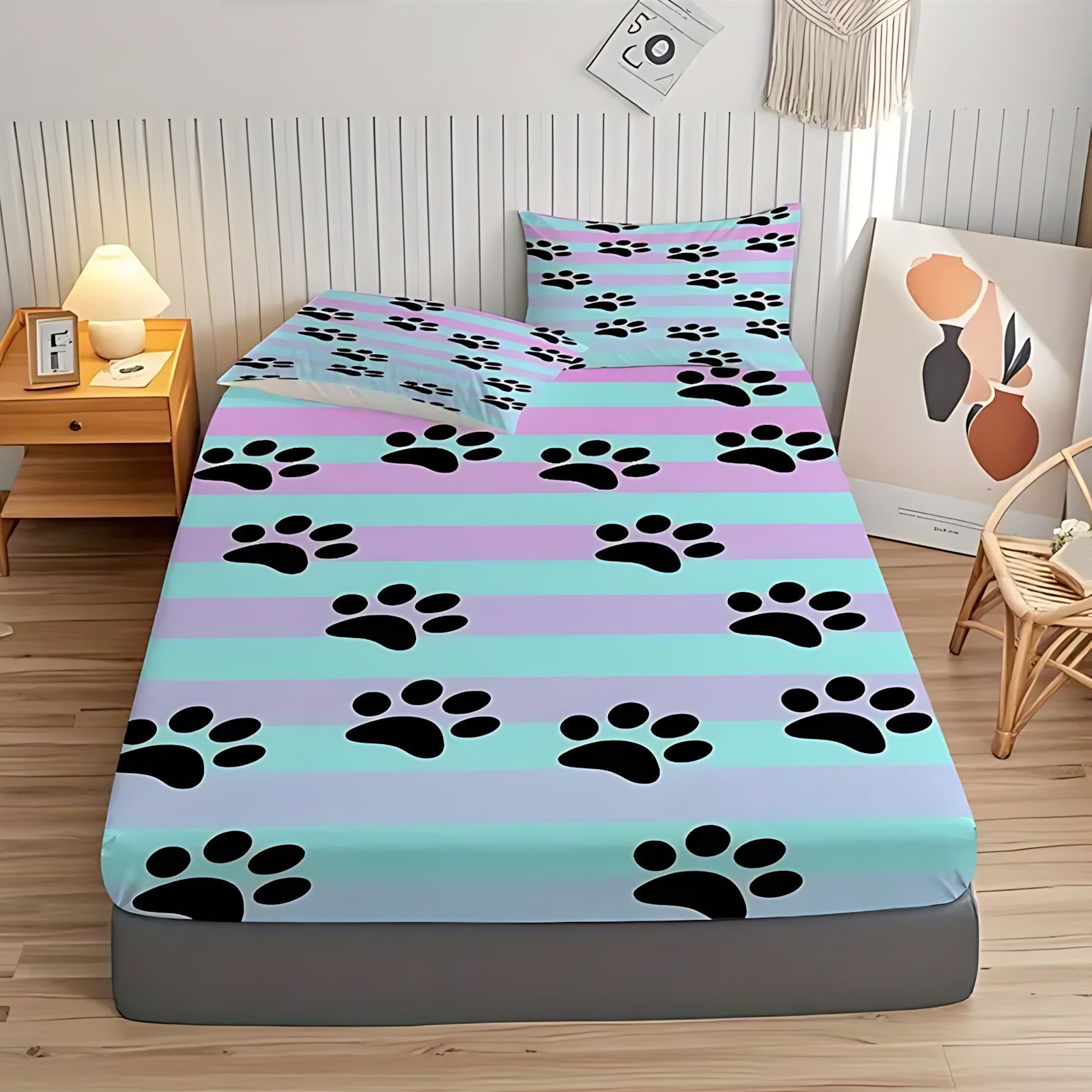 TEMU / JIT Cross-border cute puppy footprint pattern suave cama cómoda camisa colchón set de ropa de cama