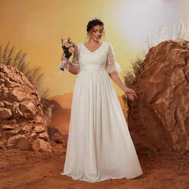 欧美白色蕾丝轻婚纱2025新款速卖通V领收腰大码晚礼服结婚礼服女