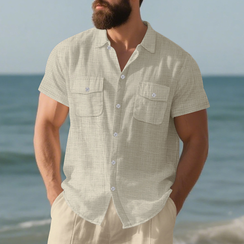 Chemise d'été à manches courtes pour homme, couleur unie, double poche, décontractée, pour les vacances_voghion.com