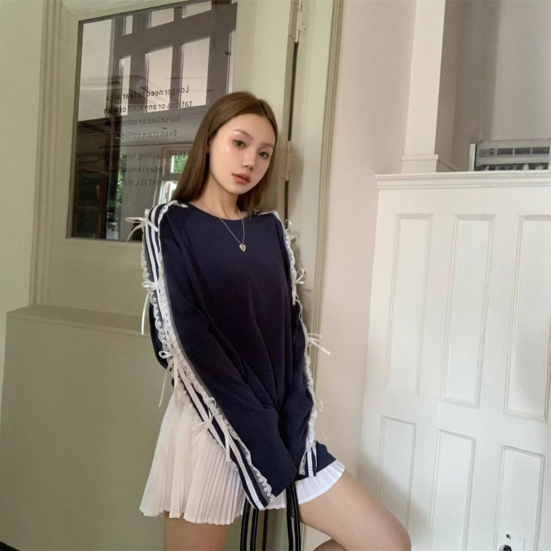 Bow lace Xizang blue shoulder long sleeve T-shirt spring and autumn new Korean style raglan sleeve sunscreen blouse top