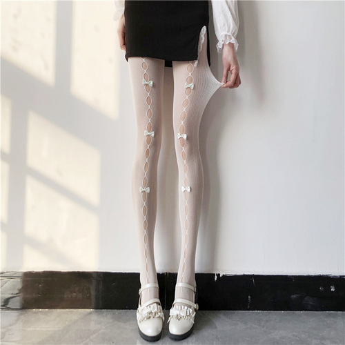 Lolita bow stockings for women Japanese JK fishnet stockings white pantyhose sexy hollow pantyhose