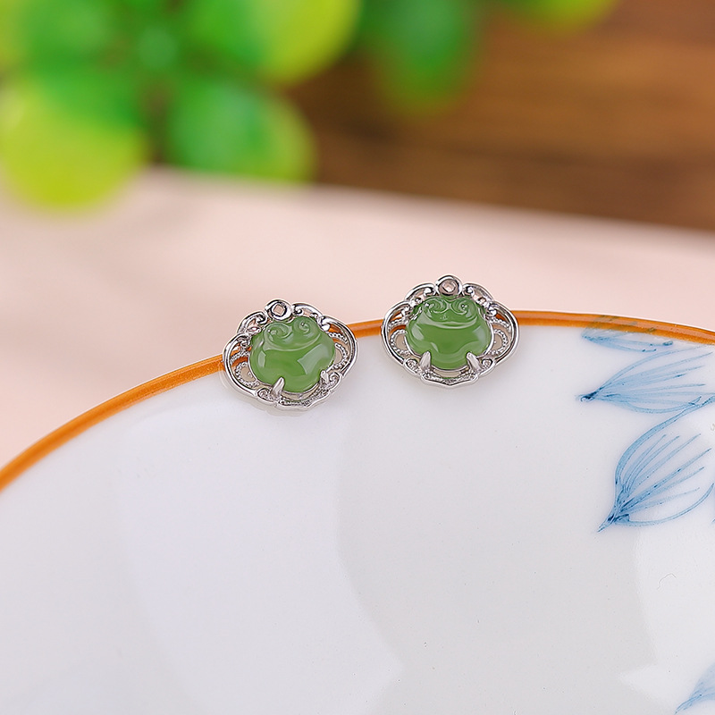 Bông tai bạc S925 đính ngọc Hetian tự nhiên hình Như Ý rỗng — Mẫu bạc