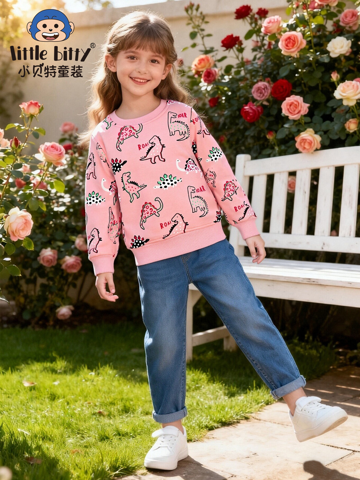 European and American Children's Clothing Autumn and Winter Girls Long-Sleeved Sweatshirt Cartoon Dinosaur Digital Printing Pullover Cross-Border Supply Wholesale