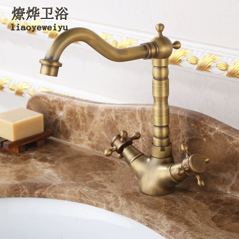 American-Style Antique Copper Under-Counter Hot and Cold Faucet for Washbasin, Vintage Washbasin Faucet, Single-Hole Faucet American-Style Antique Copper Under-Counter Hot and Cold Faucet for Washbasin, Vintage Washbasin Faucet, Single-Hole Faucet
