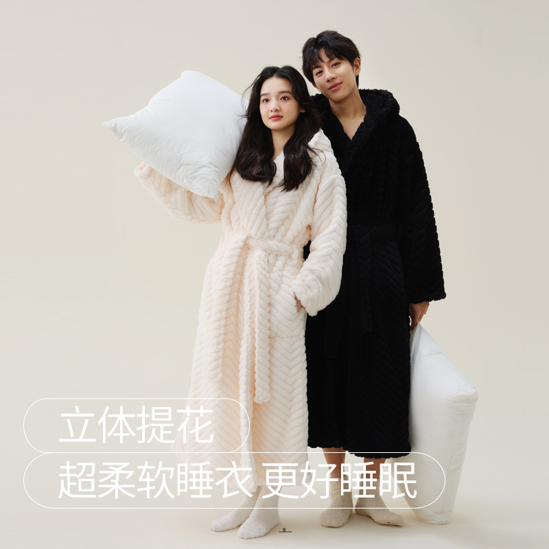 in stock Nightgown Women's Winter Coral Fleece Bathrobe Couple's fleece-lined Thickened Long Flannel Pajamas Men's Autumn and Winter