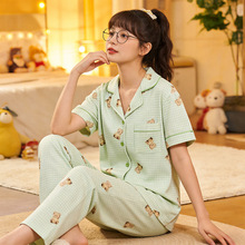 治愈系小熊睡衣女夏季短袖长裤套装清新格纹可外穿家居服格子睡衣