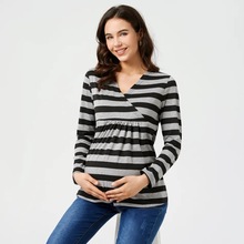 2022新款厂家直销亚马逊eBay欧美跨境条纹V领哺乳长袖孕妇装上衣
