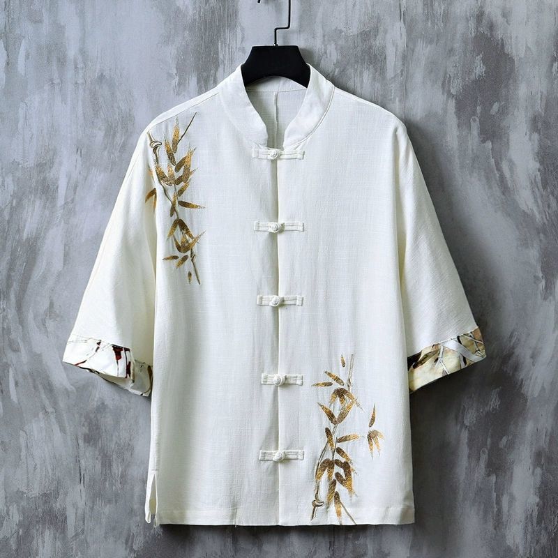 2025 Summer Short-Sleeved Shirt Men's Thin Chinese Style Men's Hanfu Embroidered Tea Suit Zhongshan Suit Tang Suit Half-Sleeved Trendy