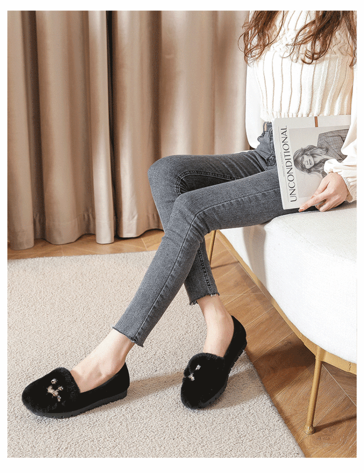 Giày lười nữ lông mềm giữ ấm cổ thấp đế bệt chống trơn trượt — Màu xám, Màu đen chi tiết 18