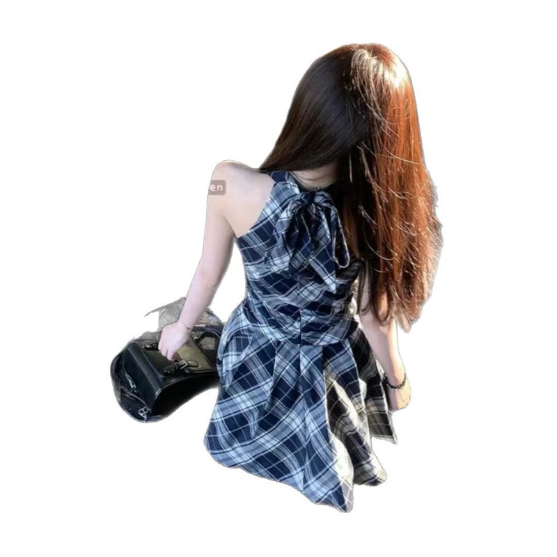 黑白格子v领挂脖系带连衣裙女春夏季2025新款收腰显瘦A字短裙|undefined