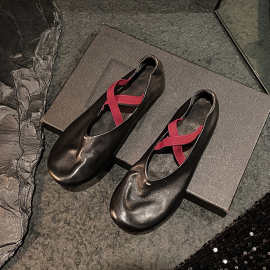 马皮芭蕾鞋交叉带玛丽珍鞋女春秋新款复古猪鼻子超软低跟浅口单鞋