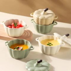 陶磁器のカボチャの杯の舒芙蕾は碗の赤ちゃんの専用の補助食の碗の赤ちゃんの蒸し卵の杯のシチューの杯の蓋の双耳の碗を持ちます。