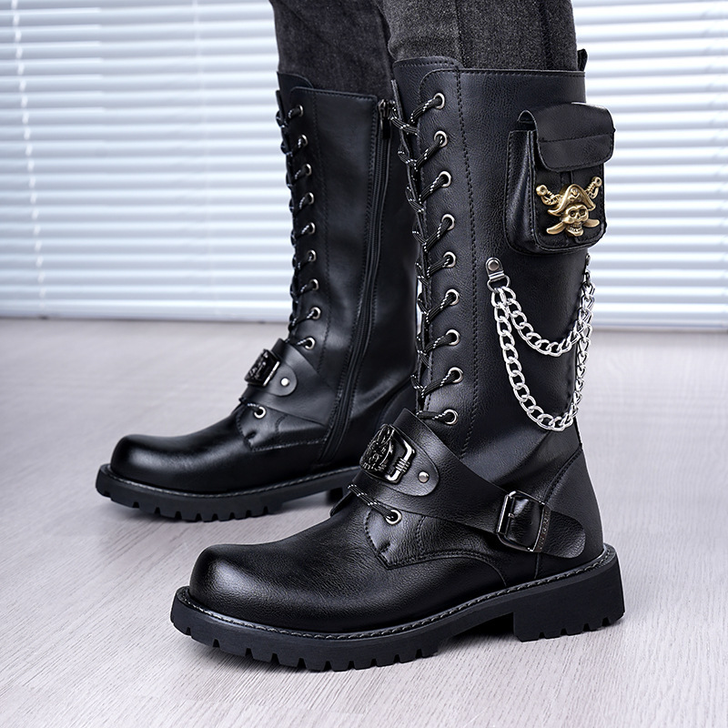 2025 Rock Boots High Barrel Men's Leather Boots Skull Chain Lace Up Cowboy Boots Thick Bottom Trendy Stage Martins Boots