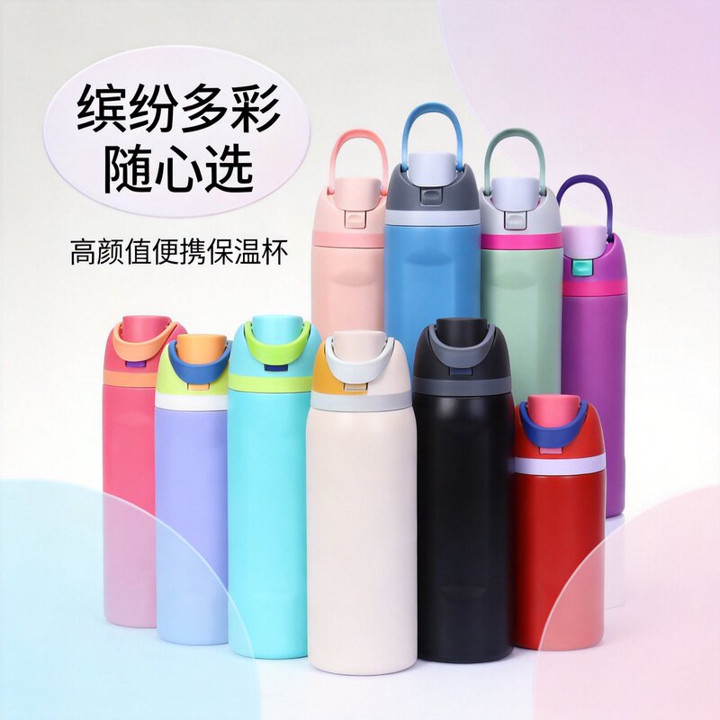 New colorful 304 stainless steel insulated water bottle, portable with a handle and a flip-top lid, suitable for outdoor use and sports, and can be customized