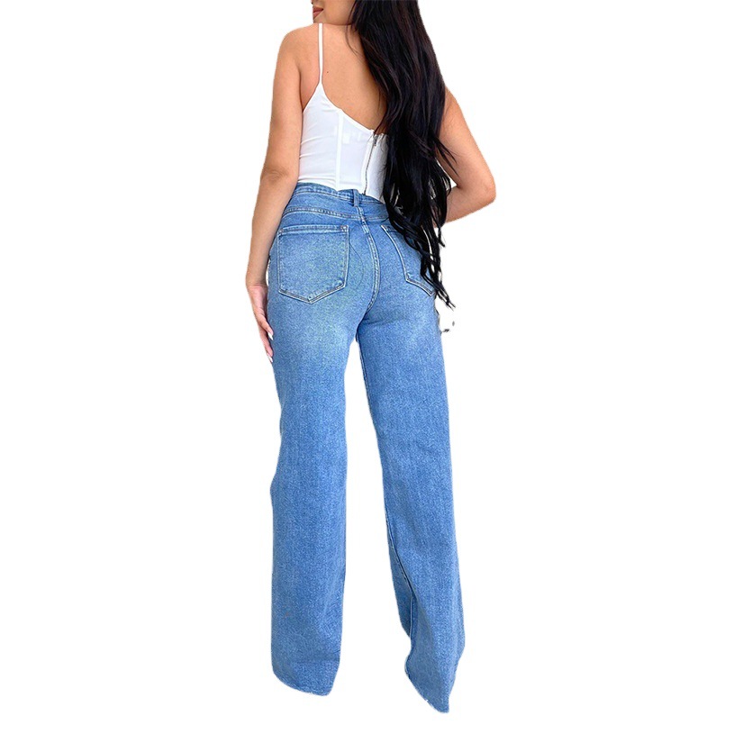Venta directa de fábrica las mujeres amazon jeans largo cintura alta ripped borde deshilachado venta caliente estilo europeo y americano cómodo pantalones anchos la pierna