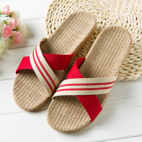 Linen slippers for women summer home wooden floor non-slip thick-soled couple style home Korean version cotton and linen slippers for men autumn