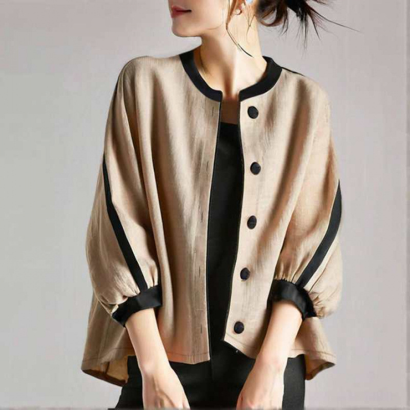 Cross-Border Foreign Trade Export Japanese-Style Women's Shirt, New Spring and Autumn Model, Color-Blocking Baseball Collar, Three-Quarter Sleeve Cardigan Short Jacket