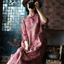 小泥姑娘原创设计女装文艺复古苎麻印花盘扣显瘦连衣裙2077云梦