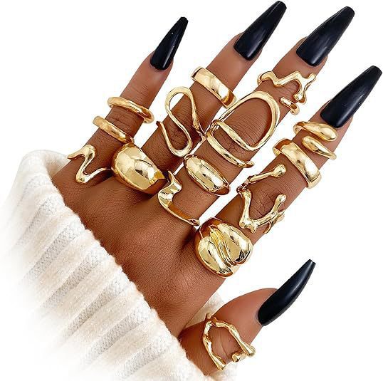 欧美跨境新款不规则异形戒指金属小众冷淡风水滴光面弧形戒指套装