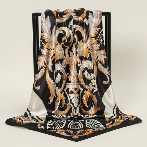 Women's Hot Selling Floral Scarf, Roman Black Gold Thread Silk Chiffon Scarf, Simulated Silk Color Gauze Sunshade Shawl and Head Scarf
