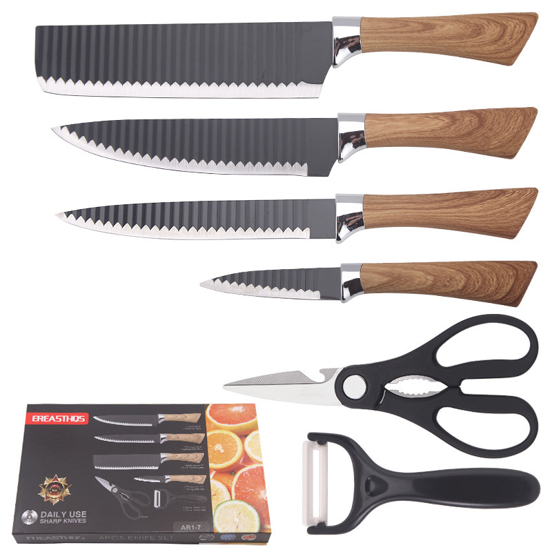 Comercio exterior cuchillo de acero inoxidable madera herradura mango conjunto de cocina set seis piezas cuchillo de cocina cuchillo de frutas cuchillo de regalo