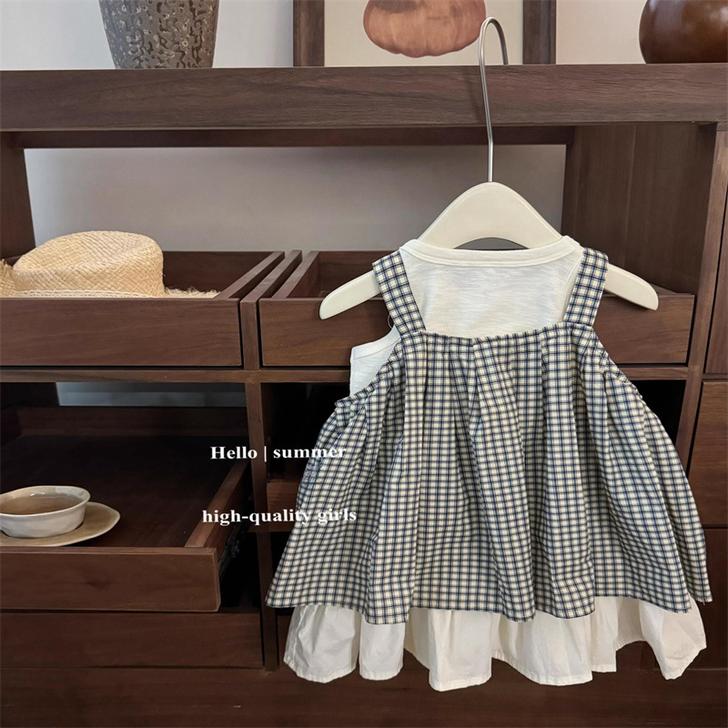 Qianqi niñas ropa infantil de mujeres Baoshan encaje suelto estilo extranjero pantalones de alta gama chaleco a cuadros