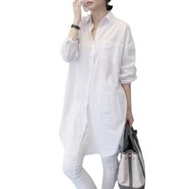 韩国2024春夏季宽松大版中长款白色衬衫女大码慵懒风薄款长袖衬衣