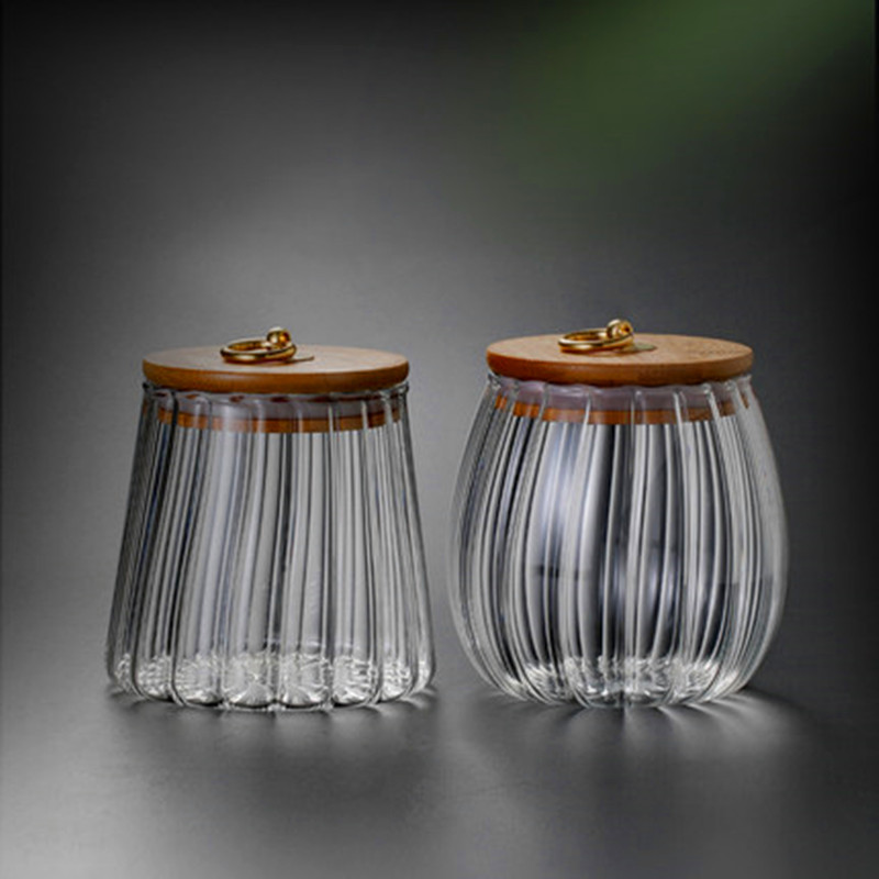 Vidrio patrón vertical sellado tarro de té cubierta de bambú tarro de vidrio patrón de tamaño pequeño tarro de almacenamiento de vidrio tarro de almacenamiento de aperitivos