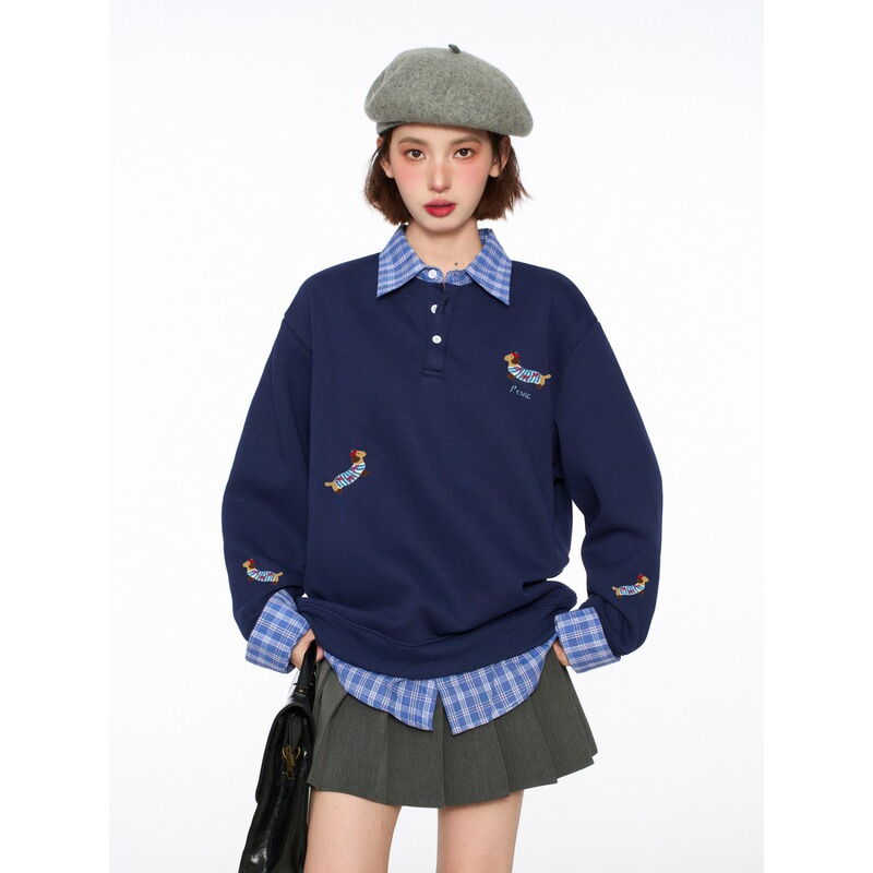 Navy Blue Dachshund Fake Two-Piece Shirt Sweatshirt for Women Autumn and Winter Polo Lapel American Loose Pullover Long-Sleeved Top