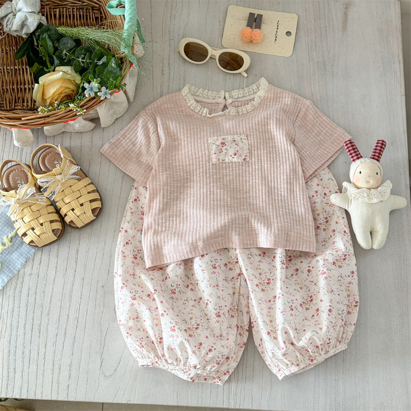 Sweet Little Girl French Style Sweet Floral Pink Outfit Summer New Children's Soft T-Shirt Lantern Pants Two-Piece Set