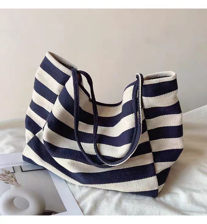 Contrast Stripe Canvas Tote Bag, Large Capacity Shoulder Bag_voghion.com