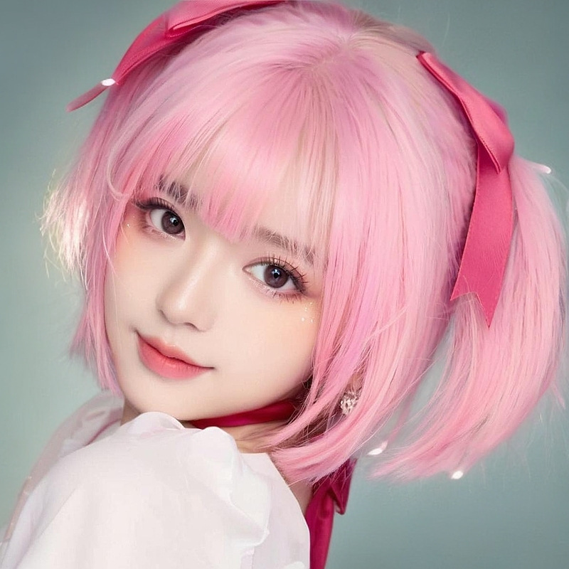 Kirigami Yurika Cos Wig Short Hair with Double Ponytails Pink Bangs Short Cherry Pink Wig Set Drop Shipping