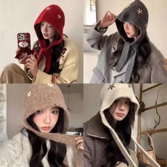 复古小花红色巴拉克拉法帽女冬季针织毛线帽保暖显脸小护耳帽子