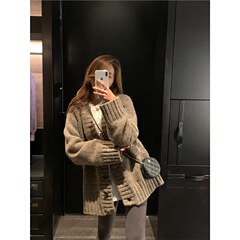 アレックス ゆったりとしたグレーのモヘアニットカーディガン レディース 秋 半袖 ヒマラヤ風 ミドル丈 ゆったりセーター