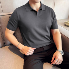 男性の純色ニットpoloシャツ夏の薄い氷糸通気ガードル半袖の新しい襟付き多色tシャツ