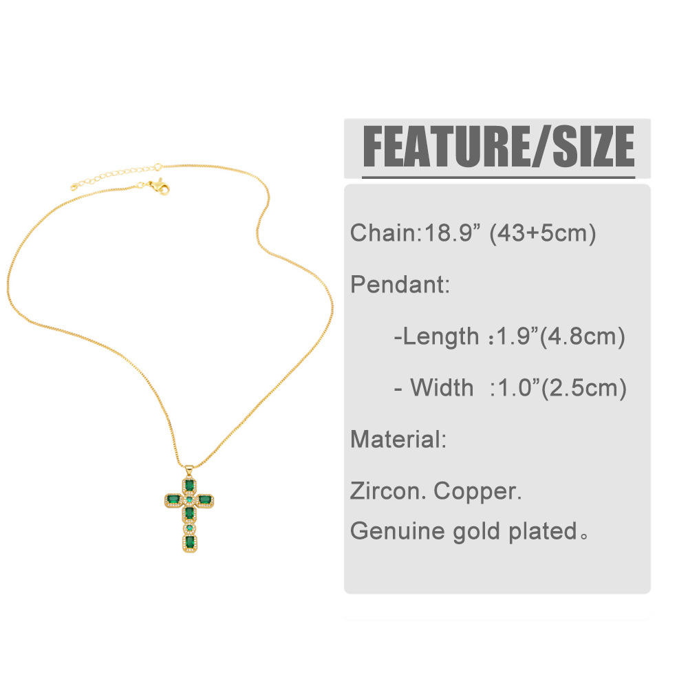 Fashion Female Hip Hop Peacock Green Zircon Cross Pendant Copper Necklace