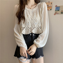别致上衣女甜辣风设计感短款蕾丝镂空雪纺衬衫女夏长袖小个子露脐