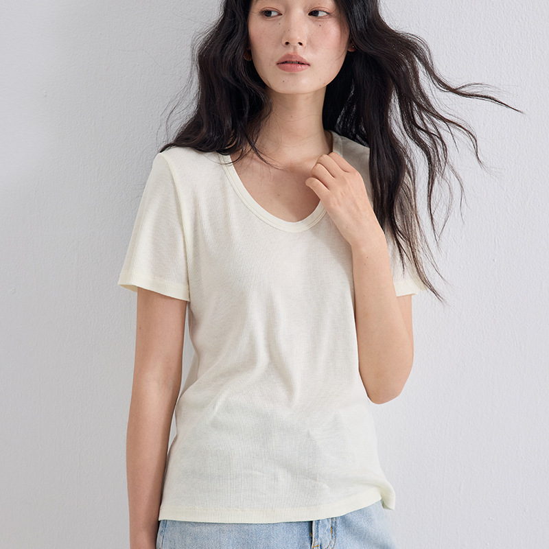 芬娜富新款春夏天丝打底衫女莱赛尔短袖亚麻显瘦T恤基础款凉感上
