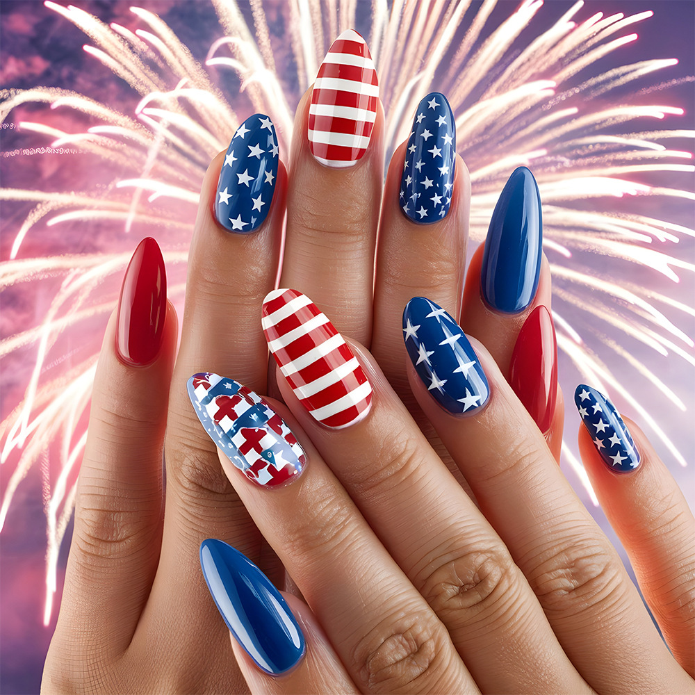 Día de la Independencia de comercio exterior corto de almendras de uñas, bandera de los Estados Unidos, 24 piezas de parche de uñas, viento dulce y fresco para usar uñas