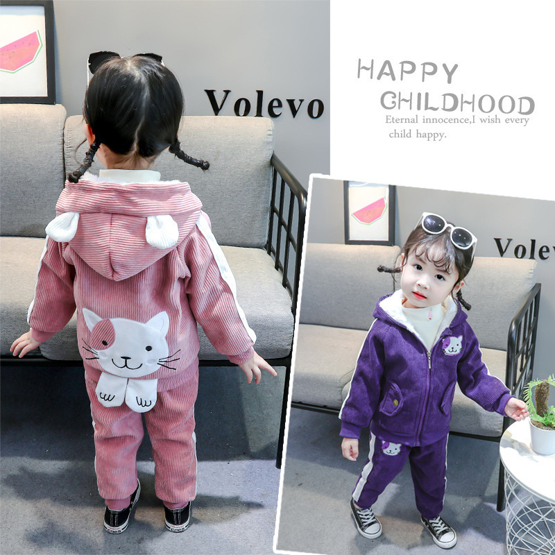 Kinderkleidung 2020 Winter Mädchen Plüsch Baumwolle zweiteiliges Cartoon-Cord-Set, Baseballjacke für_voghion.com