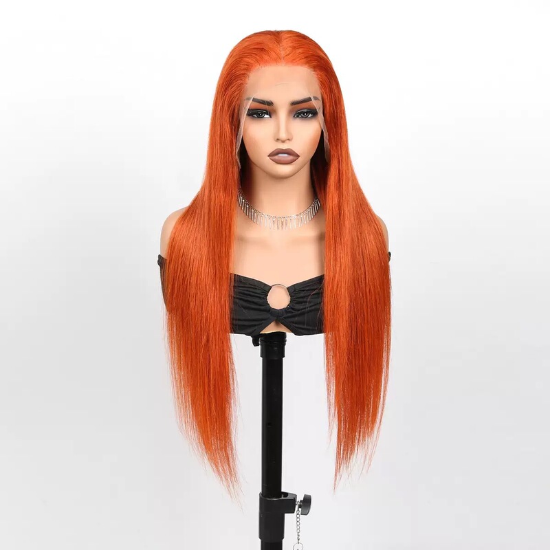 European and American Style Wig 13*4 Front Lace Hand-Tied Orange Long Straight Hair High-Temperature Synthetic Fiber Wig Cross-Border