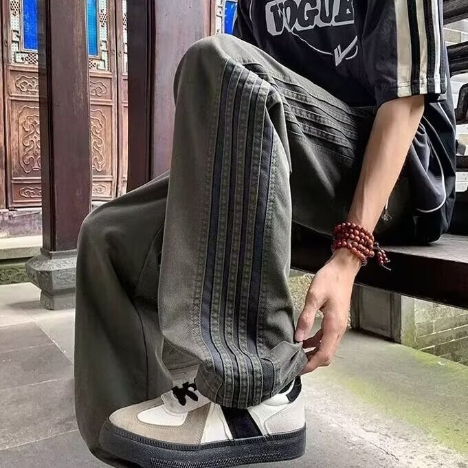 Autumn and Winter Velvet Army Green American Stripesd Pants Men's Straight Cargo Pants Loose Sports Casual Pants