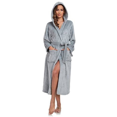 European and American autumn and winter flannel thick nightgown extended style lace solid color hooded bathrobe for women