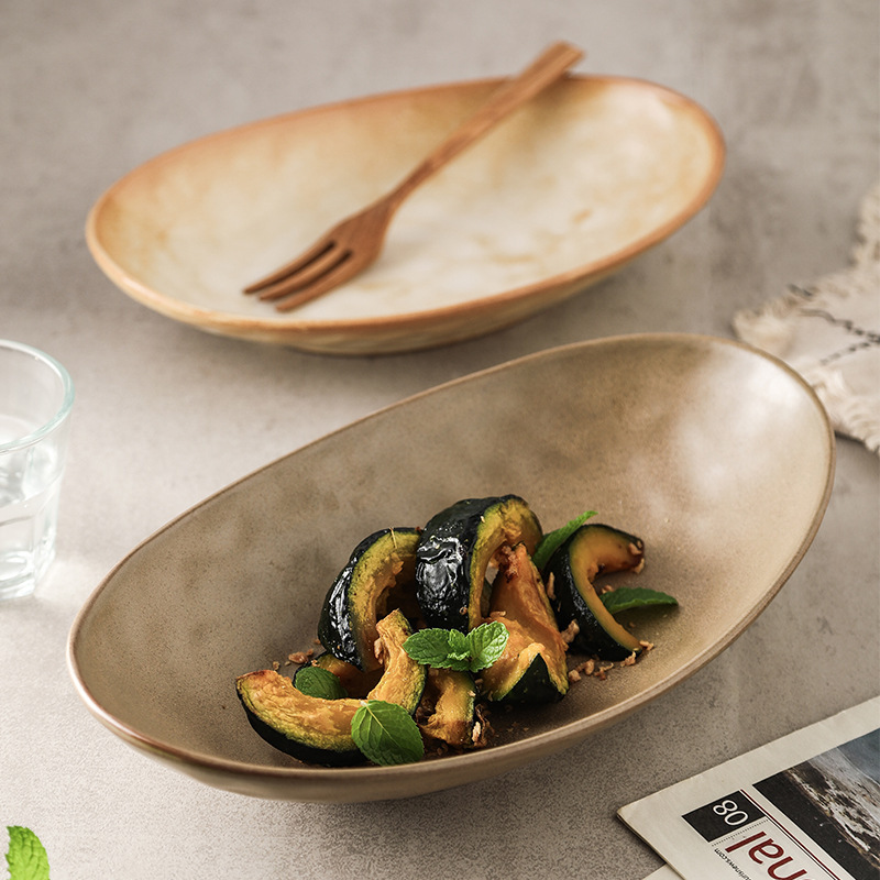Japanese Retro Ceramic Dinner Plate Household Oval Bowl Fish Plate Salad Bowl Cold Dish Plate Boat-Shaped Ingot Plate Restaurant Tableware