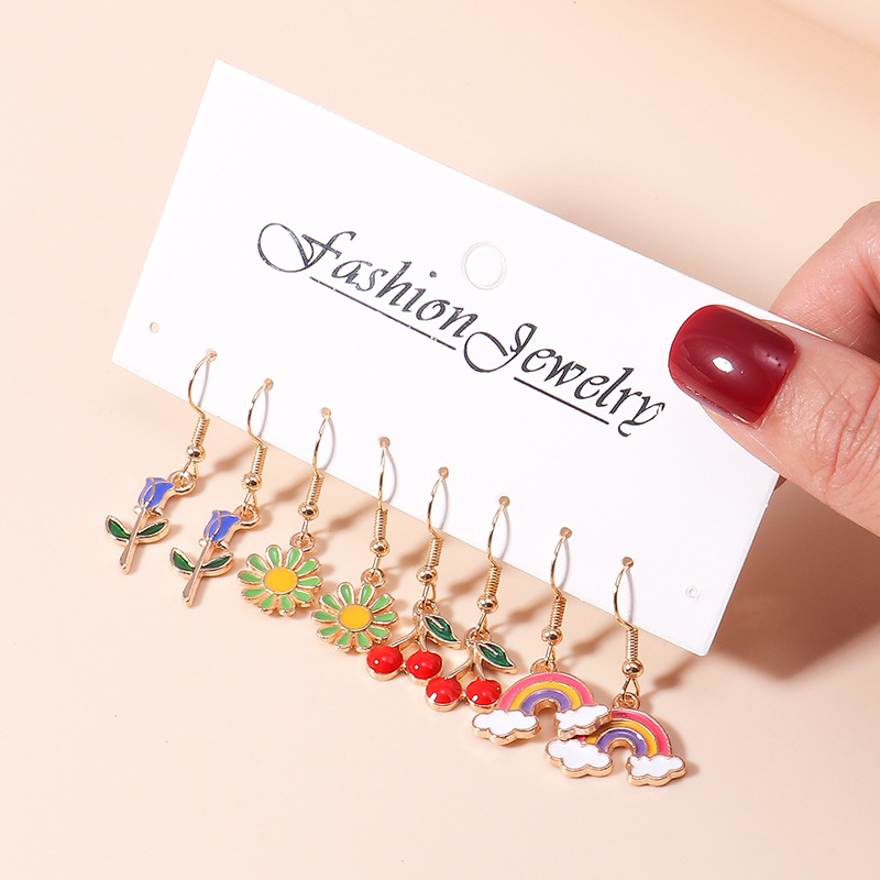 15g Weight Alloy Ear Needle Material Drop Earrings Classification 5 Pairs Quantity Casual, Daily Occasion Alloy Material Cherry, Starfish Pattern Women's Gender Enamel Design Cute Style 5 Pairs Cute Cherry Starfish  Enamel Alloy Drop Earrings 13