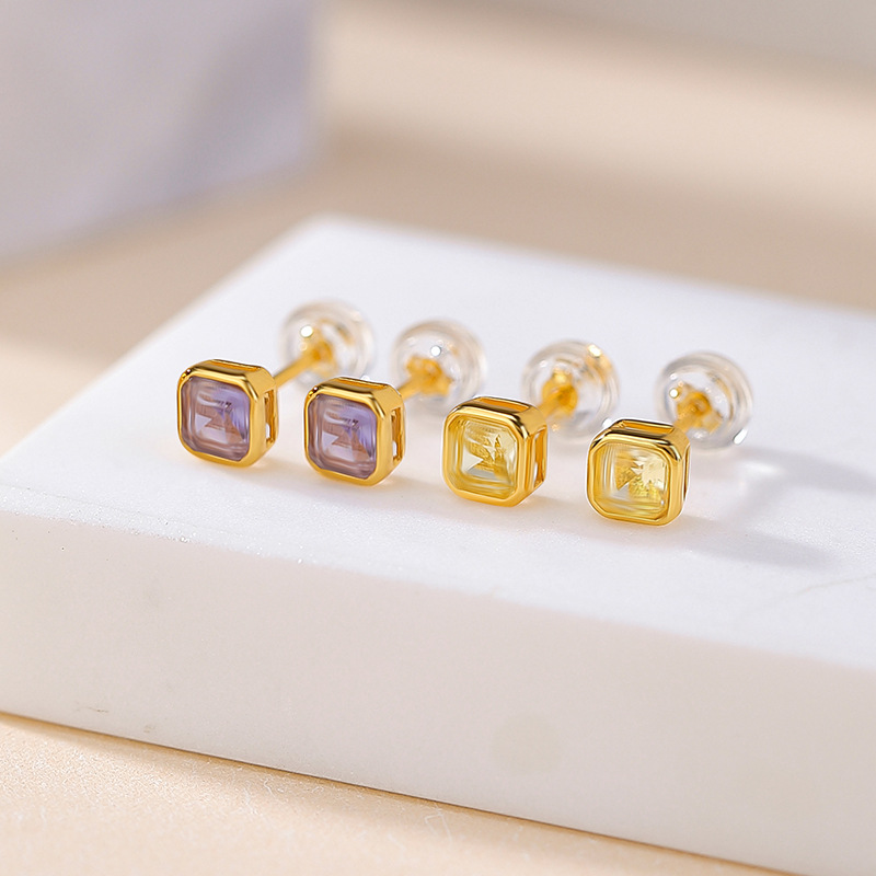 Bông tai bạc S925 mạ vàng đính đá thạch anh tím mặt cắt vuông — Kiểu citrine màu vàng